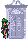 an animated sprite of Sailor Pluto standing next to the Gate of Space and Time, which opens to show Crystal Tokyo
