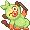 Pixel sprite of Grookie, a green baby monkey Pokemon that's smiling and holding up a stick.