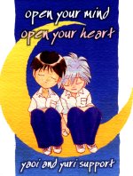 Shinji Ikari and Kaworu Nagisa from the Neon Genesis Evangelion franchise. They're sitting on a crescent moon in a night sky, leaning on one another. The text above reads, 'open your mind, open your heart.' The text below reads, 'yaoi and yuri support.'