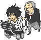 L being pushed in an old-fashioned baby stroller by his elderly butler, Watari.