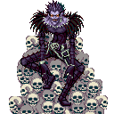 Ryuk sitting on top of a pile of skulls.