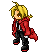 Edward Elric standing in a red coat and brandishing the blade he transmuted onto his prosthetic automail arm.